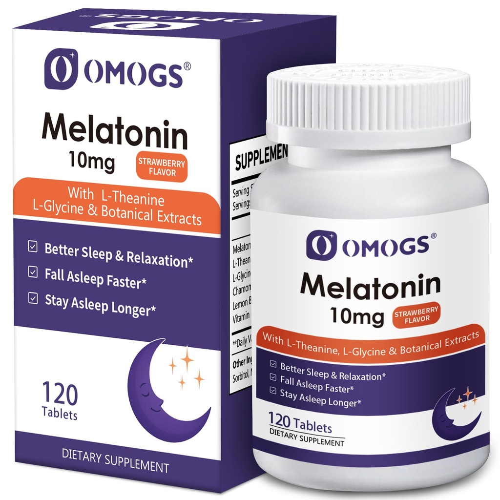 OMOGS Melatonin, Fast Dissolve Melatonin 10mg Tablets, with L-Theanine, L-Glycine & Vitamin, Supports Relaxation & Healthy Sleep Cycles, Strawberry Flavor, 120-Day Supply