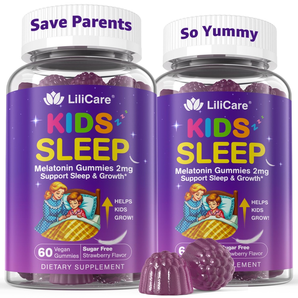 LILICARE Kids Sleep Gummies, Kiduba Gummies + D3, Sleep Aid, Kid Ashwagandha Gummy, Phosphatidylserine, L-Theanine for Brain Focus, Unwind, Sweet Dream Magic Supplement for Kids Parents, 2Pack