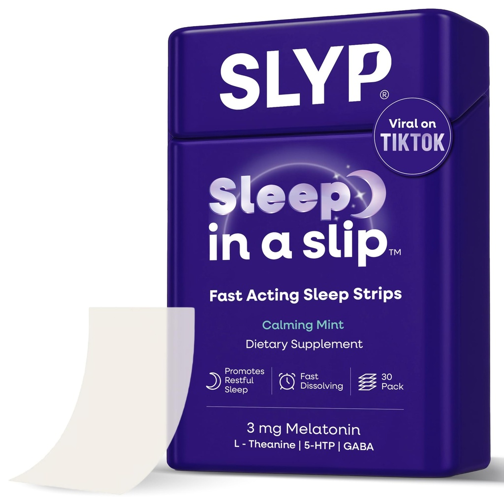 Slyp Fast-Dissolving Oral Mint Sleep Strips, Natural Sleep Aid for Adults & Kids with Melatonin 3mg, L-Theanine, GABA & 5-HTP for Calm Support & Alternative to Sleeping Pills & Gummies – 30 Strips