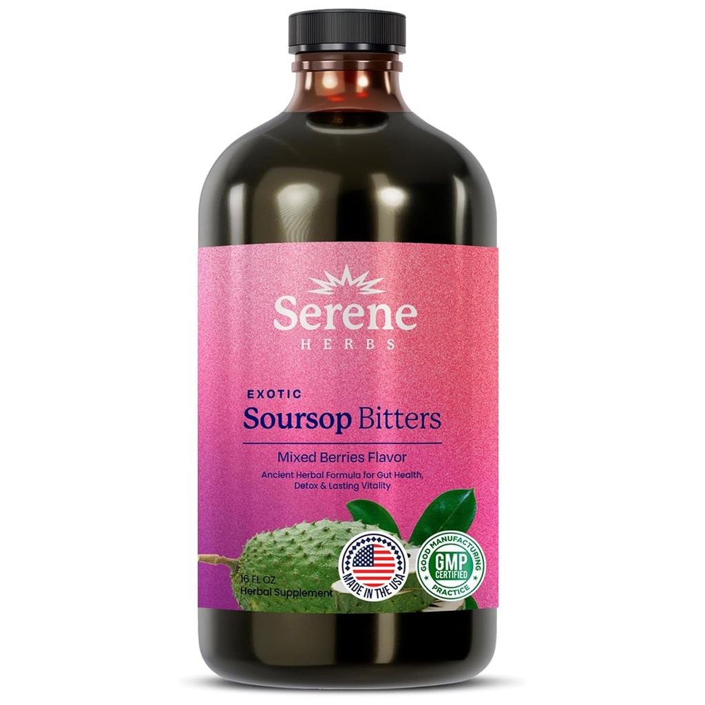 Serene Herbs Soursop Bitters Sıvı Soursop Gut Cleanse, Detox & Immune Boost with Black Seed, Moringa, Irish Moss, Ashwaganda, Turmeric, 16 fl oz (16 Fl Oz)