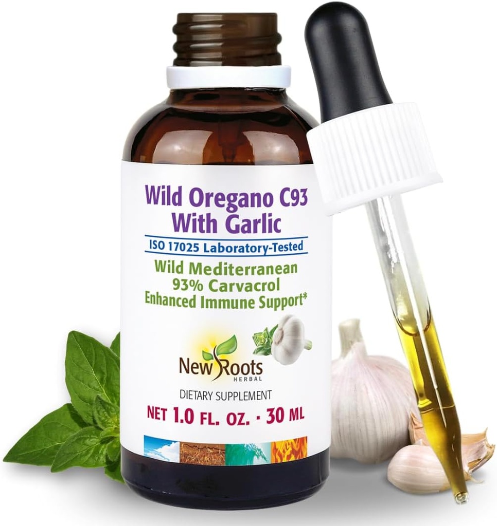 YENİ ROOTS HERBAL Wild Oregano Oil Tincture with, (1 fl oz) |% 93 Carvacrol Oregano Oil Drops, Geliştirilmiş Immune Support Supplement l Non GMO, Vegan, GMP sertifikalı