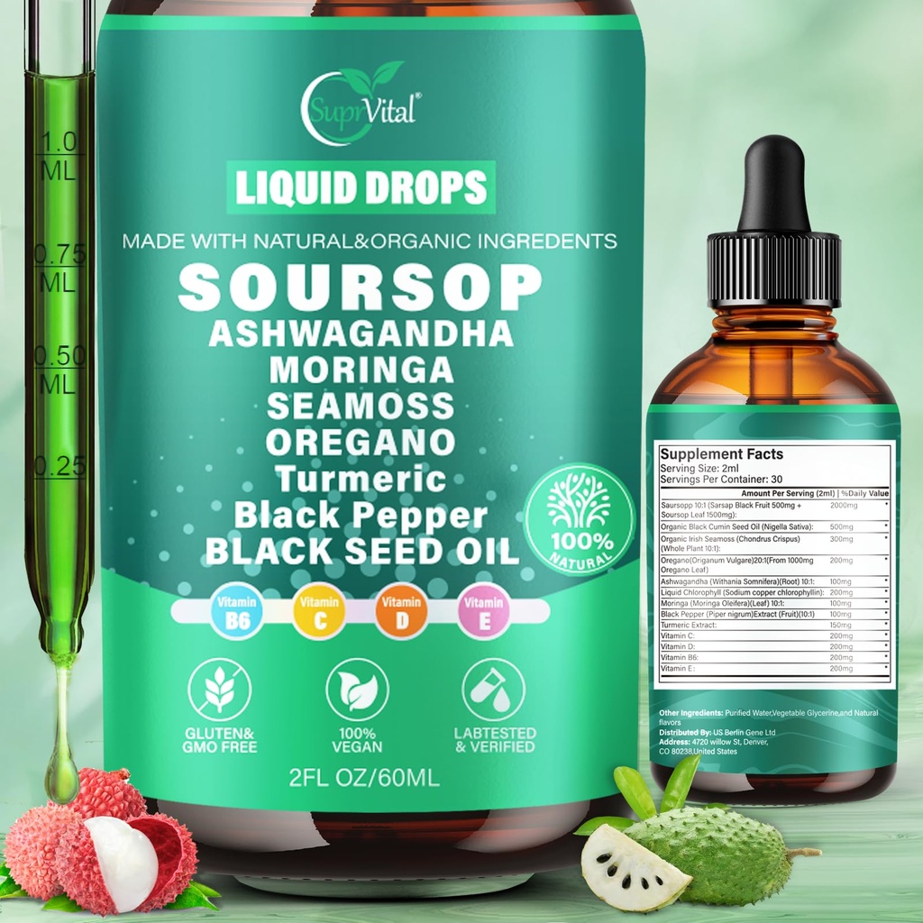 12in-1 Soursop Bitters Liquid Drops 2000 mg, Soursop Drops with Ashwagandha, Black Seed Oil, Moringa, See Moss for Natural Antioxy, Cell Support & Regeneration, Immune Boost, Rich in Vitamin D& C