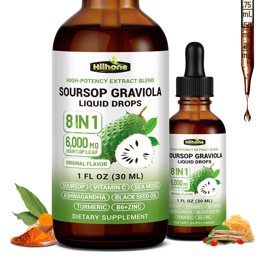 (2 Pack) 8 σε 1 Graviola Soursop Leaf Extract Liquid - Soursop Bitters Liquid with Sea Moss, Ashwagandha and Turmeric, for Immune & Liver, Zzz & Antioxidant & Cell Support,1 Fl Oz