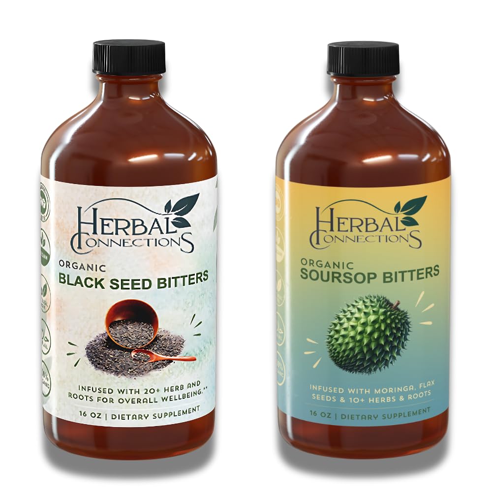 Herbal Connections Organic Soursop & Black Seed Bitters Bundle - Natural Plant-Based Ingredients for Gentle Detox & Digestive Health Two Bottles, 32 Ounces (16 Ounces Each), 64 Servings