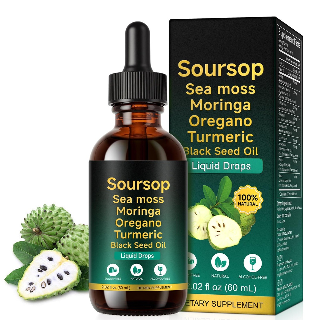 Soursop Bitters Liquid Drops 12-in-1 Complex - 2 Fl Oz | Enriched with Sea Moss, Moringa, Turmeric & Ashwagandha Extract | Herbal Tonic for Immune Support & Digestive Wellness | Vitamin C & D3 | Vegan