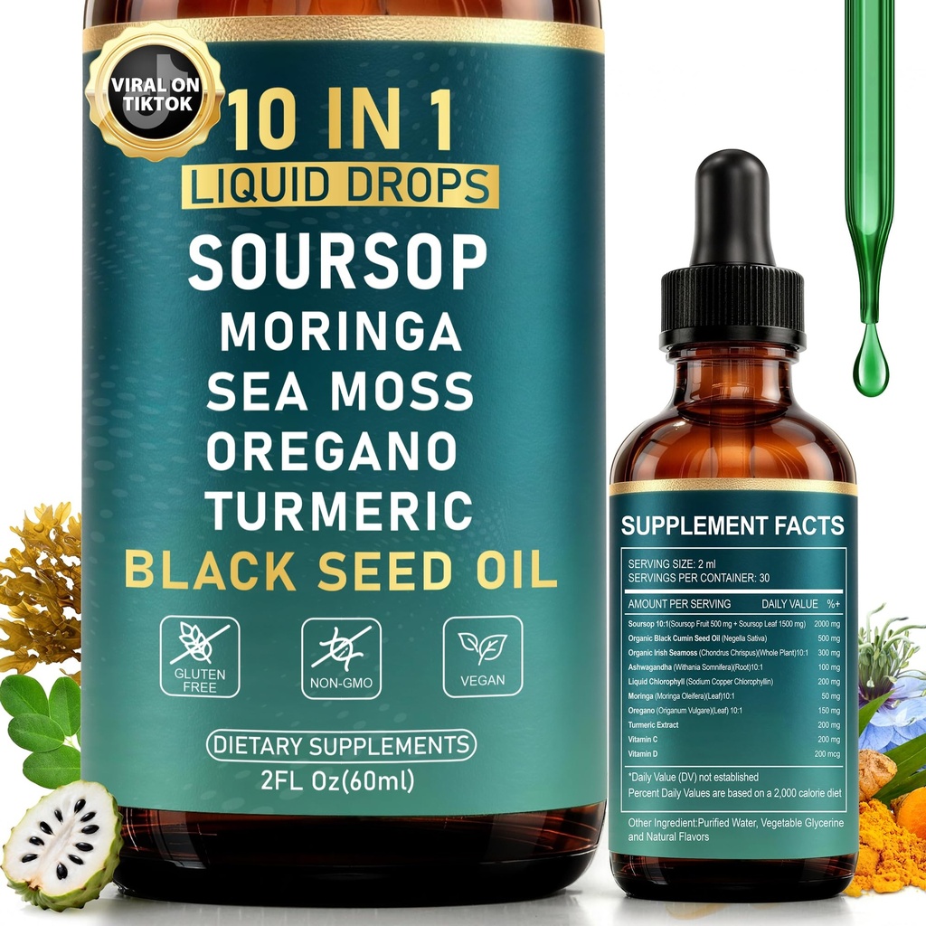 10in-1 Gut Cleanse & Immune Boost & Detox ile Sea Moss, Moringa, Black Seed Oil, Turmeric, Ashwagandha, VC,VD - 2 Fl Oz - Non-GMO, Vegan