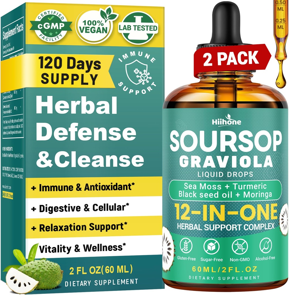 HIIHONE (2 Pack) 12in-1 Soursop Bitters Sea Moss, Black Seed Oil, Moringa for Cell Support & Rejenerasyon, Immunity, Liver, Gut & Antioksi - 2 Fl Oz