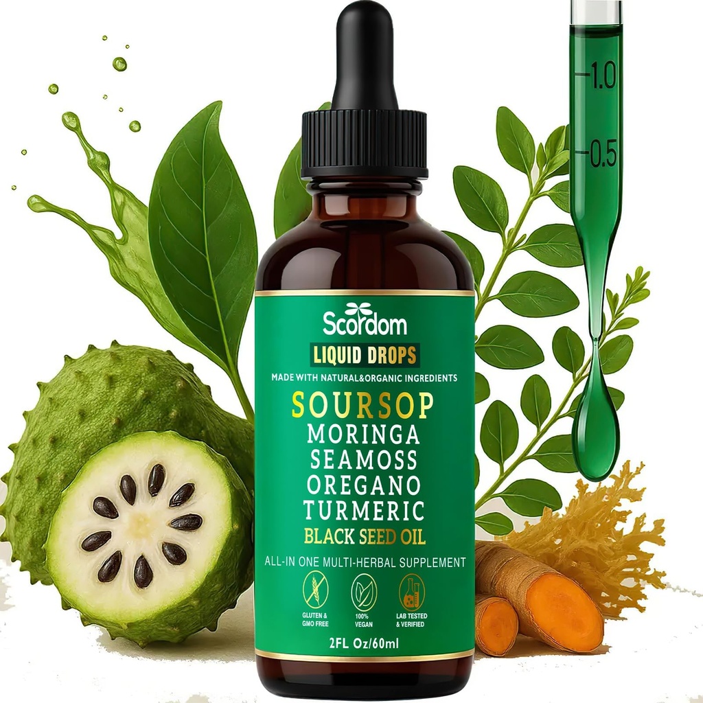 Soursop Bitters Liquid Drops 10in-1 with Sea Moss, Turmeric, Moringa, Black Seed Oil, Oregano, Ashwagandha & Herbal Extracts - Supports General Wellness, Vegan, 60mL/2 Fl Oz