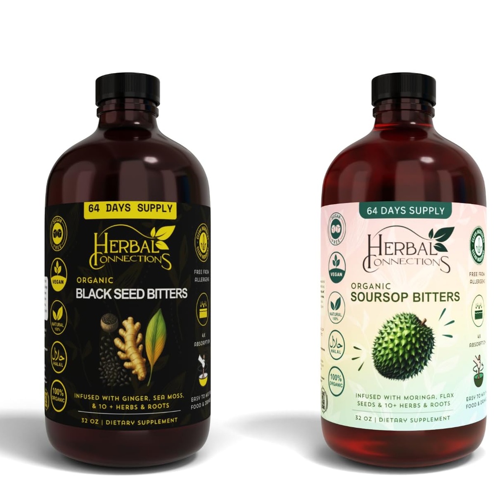 Black Seed & Soursop Bitters Sche - 2 x 32 oz Şişeler - 64-Day Supply - Vegan Organik Herbal Tonic for Digestive Health & General Wellness - No Sugar, Made in USA.