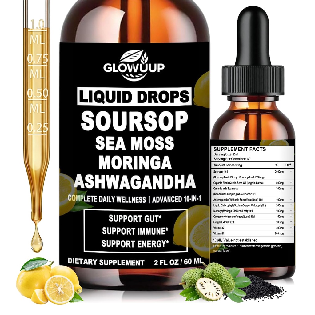 Soursop Bitters Liquid,10-in-1 Herbal Soursop Drops with Sea moss,Ashwagandha, Black Seed Oil, Moringa & Oregano for Immune Support, Gut Health, Cell Regeneration & Antioxidant, Non-GMO, 2 Fl Oz