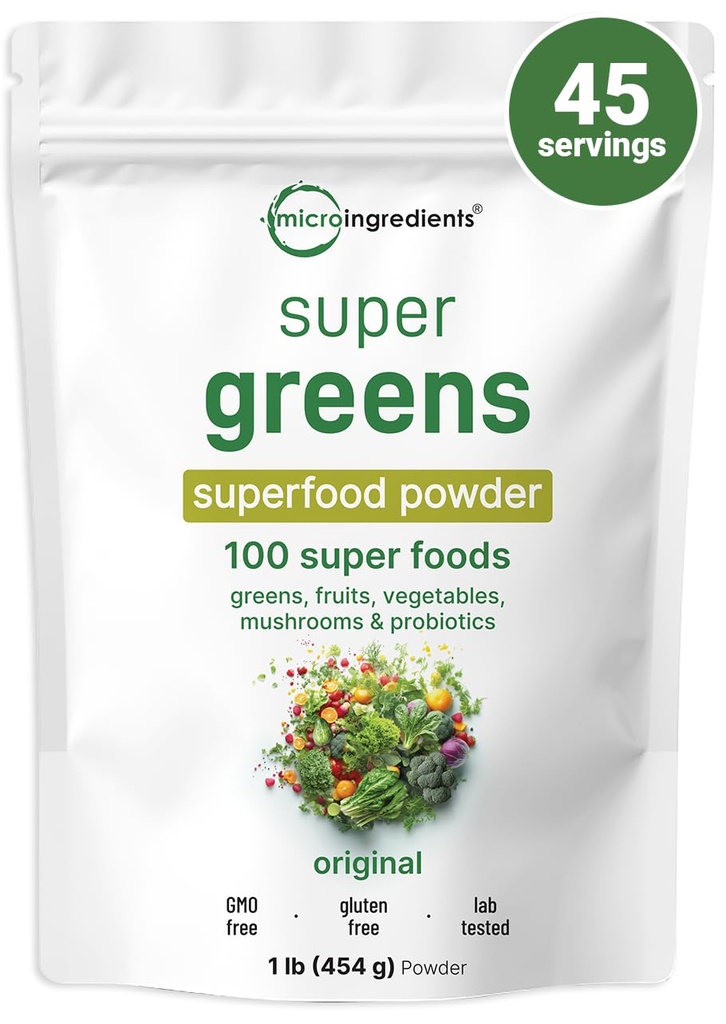 Mikro Malzemeler Super Greens Toz, 1lb | Günlük Yeşiller, Meyveler, Sebzeler, Mushrooms & Probiyotikler | Vegan Protein ve Enzymes | Non-GMO, Gluten-Free, Nomixs