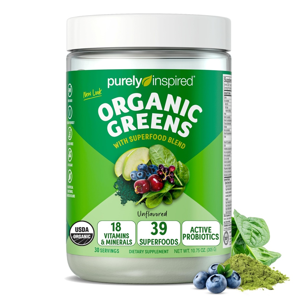 Purely Inspired Organic Greens Toz Superfood Smoothie Mix, Unflavored (30 Hizmet) - Probiyotikler, Spirulina & Chlorella for Gut & Digestive Health - Vegan