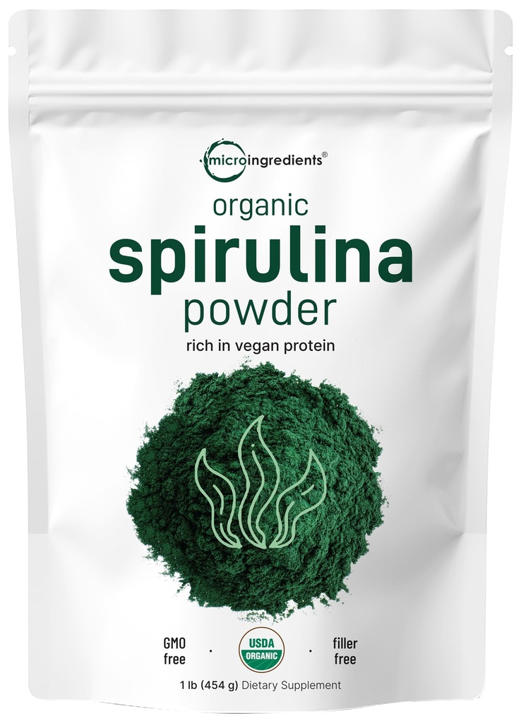 Micro Ingredients Organic Spirulina Powder, 1lb | Blue-Green Algae, Rich in Vegan Protein, Vitamins & Minerals | Source of Natural Chlorophyll & Enzymes | Non-GMO, Gluten-Free, No Additives