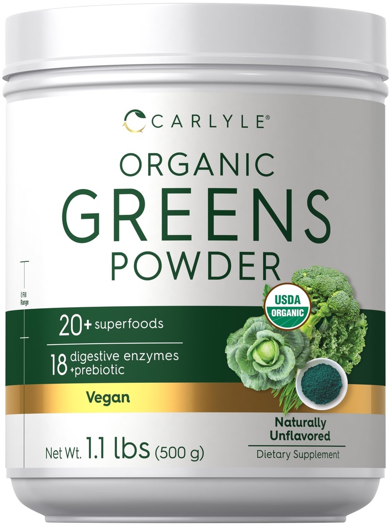 Carlyle Organic Greens Powder | 17.6 oz Supplement | Relieves Occasional Gas, discomfort & Bloating | with 20+ Superfoods, 18 Digestive Enzymes, and Prebiotics | Vegan, Non-GMO and Gluten Free
