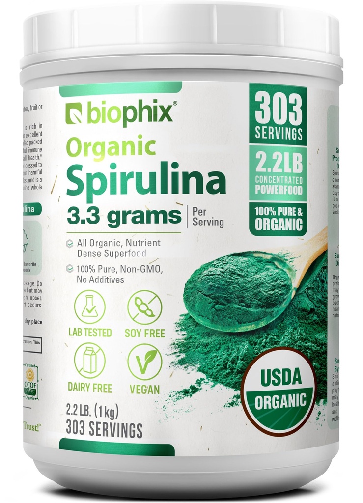 Biyophix Organik Spirulina Toz, 2.2 Lbs 100% Pure Spirulina Blue Green Algae Toz, Vegan, GMO, Non-Irradiated, USDA Sertifikalı, En İyi Protein Superfood