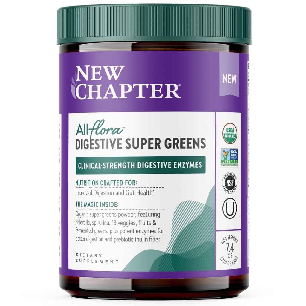 Yeni Bölüm All-Flora Digestive Super Greens Toz for Gut Health - Klinik-Strength Digestive Enzymes + USDA Organik Chlorella, Spirulina, Fermented Greens – Delicious & 100% Vegan, 30 Hizmet