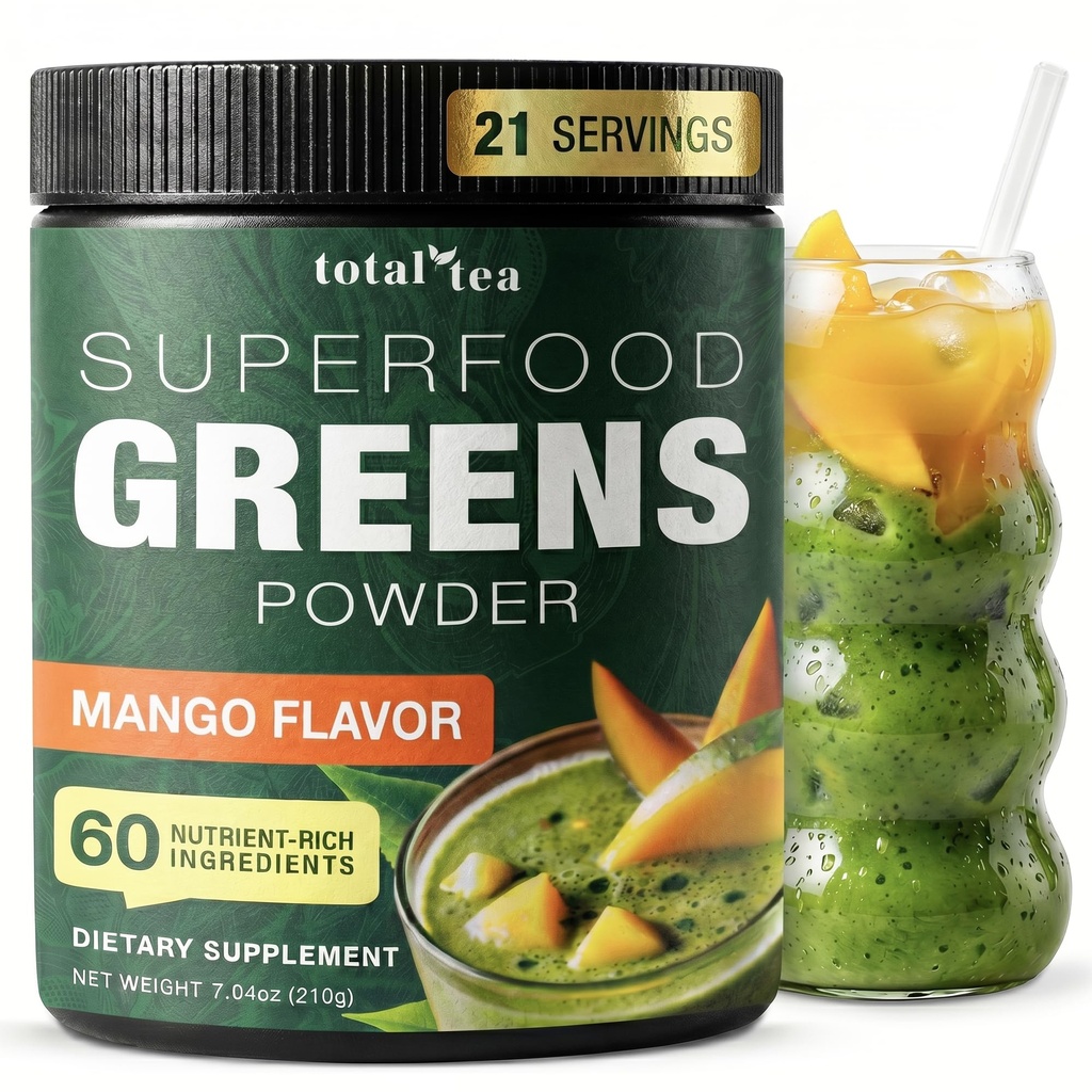Total Tea Super Greens Toz Supplement, Greens, Meyveler, Sebzeler, Vegan Spirulina, Chlorella ve Vitaminler 25 Hizmet - Mango ve Vitaminler