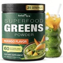 Total Tea Super Greens Toz Supplement, Greens, Meyveler, Sebzeler, Vegan Spirulina, Chlorella ve Vitaminler 25 Hizmet - Mango ve Vitaminler
