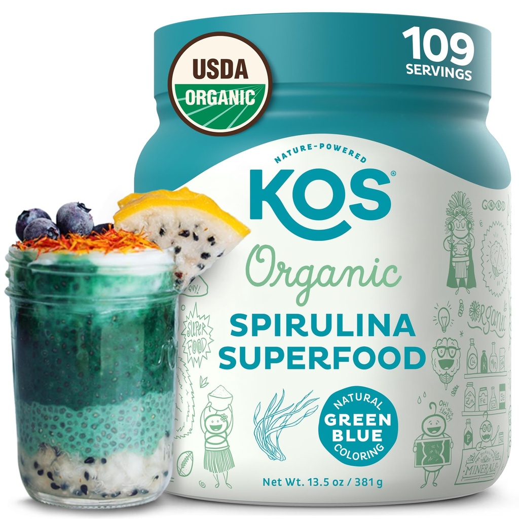 KOS Organik Spirulina Toz - USDA sertifikalı Organik, 109 Parlaklar ve Meyveler için Superfood Tozu, Non-Irradiated Blue Green Algae, Plant Based with Antioksis, Vegan (13.5oz)