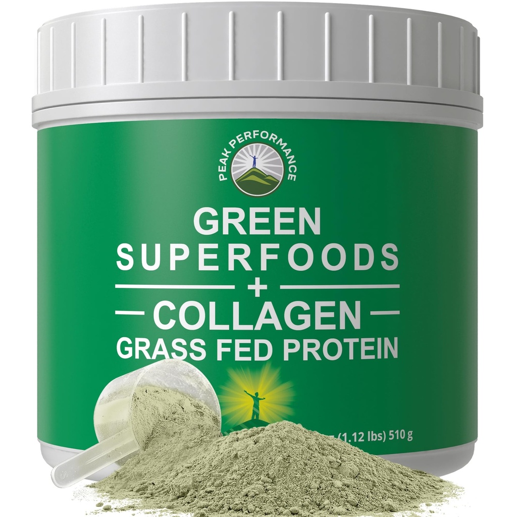 Greens Superfood + Grass Fed Collagen Peptides Powder - Ultimate Blend of Best Tasting Green Superfood with Pure Pasture Raised Hydrolyzed Protein Powder for Skin Hair + Joint Health