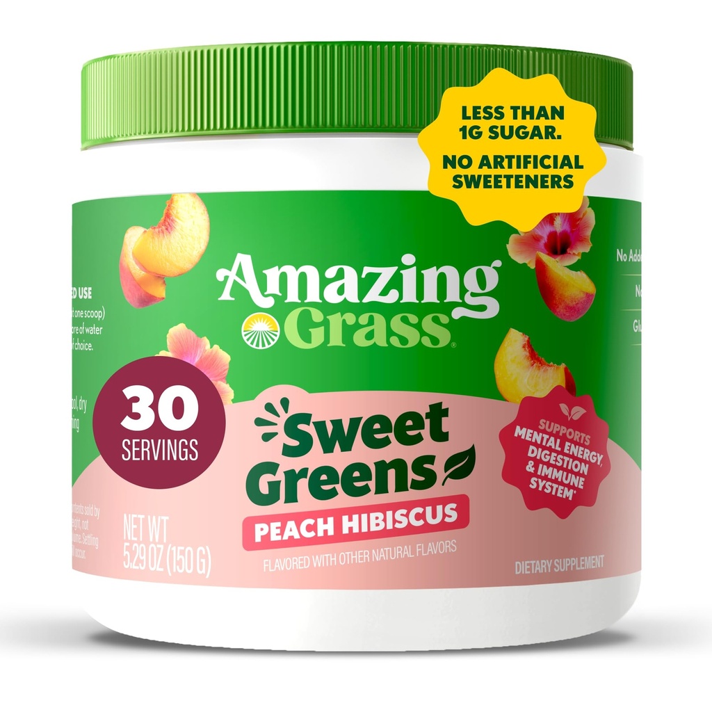 Amazing Grass Sweet Greens ve Superfoods Toz Digestive Health, Greens Toz, Digestive Enzymes, Probiyotiks, Spirulina, Chlorella, Peach Hibiscus, 30 Hizmet