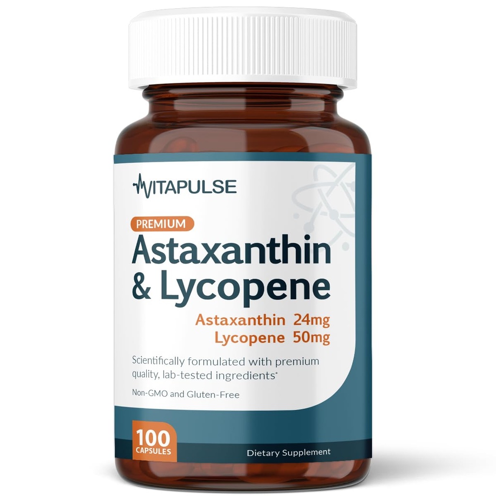 Astaxanthin 24mg with Lycopene 50mg Supplement, 100 Vegetarian Capsules, Non-GMO, Gluten Free