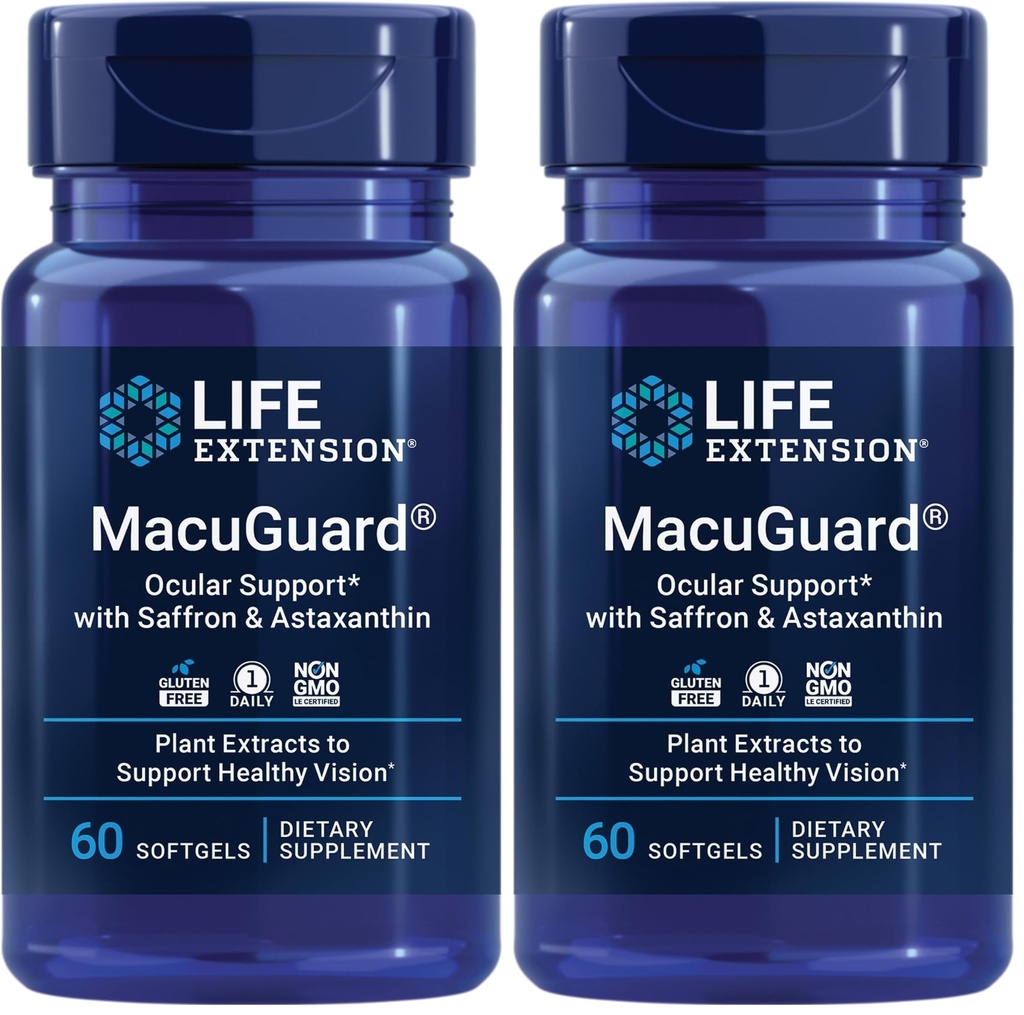 Life Extension MacuGuard Ocular Support with Saffron & Astaxanthin – Eye Health Supplement for Health Vision – Lutein, zeaxanthin, Meso-zeaxanthin – Gluten-Free, Non-GMO – 60 softgels