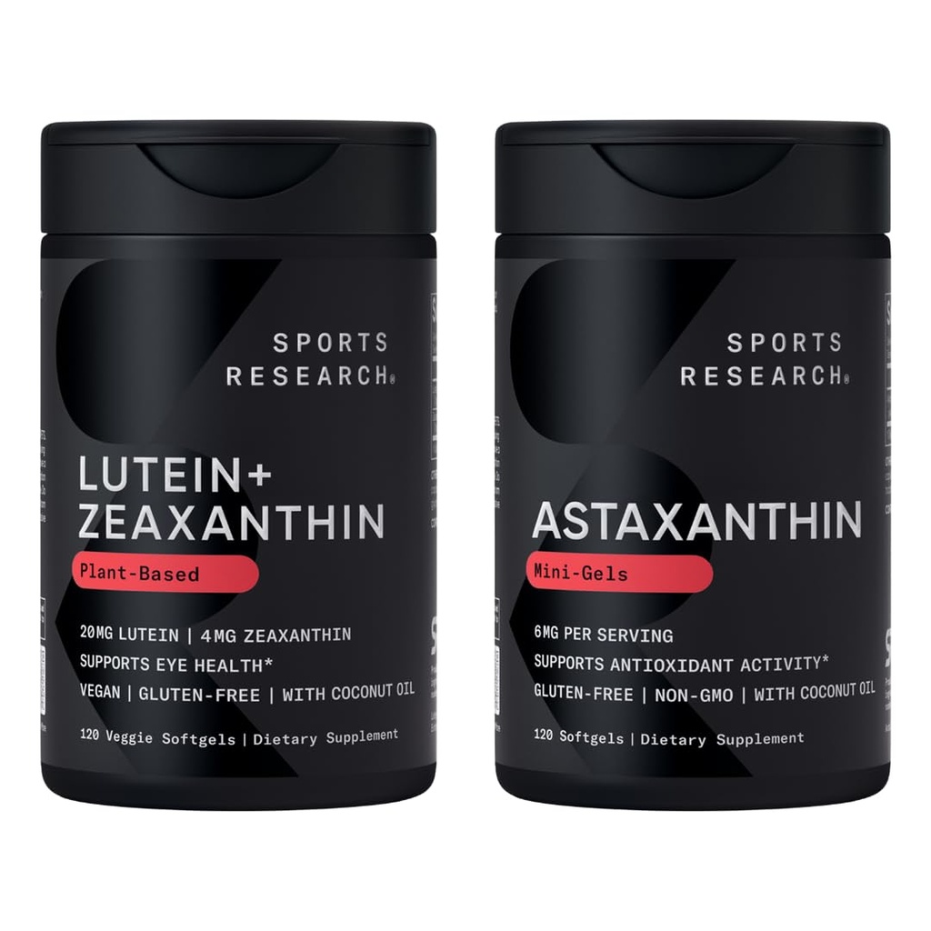 Sports Research® Eye Support - 20mg Lutein + 4mg Zeaxanthin Made with Lute-Gen® and 6mg Astaxanthin Supplement from Icelandic Astalif (120 Softgels Each)