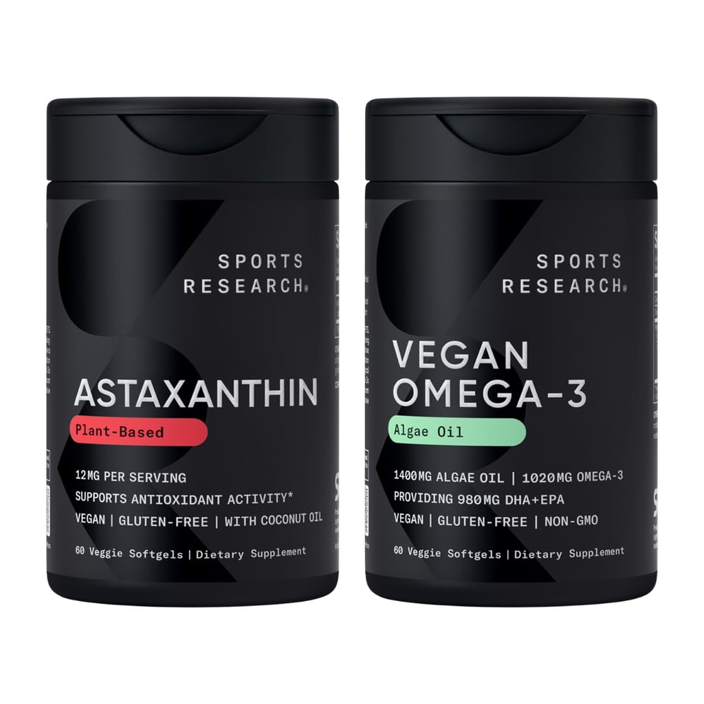 Sports Research® Vegan Antioksi Support Pack - Omega-3 Algae Oil and Plant Based Astaxanthin Softgels for Antioksi Activity, Skin & Eye Health (60 Veggie Softgels Her)