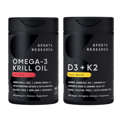 Sports Research® Multivitamin Pack - Omega-3 Krll Oil 500mg w/Choline, Phospholipids & Ασταξανθίνη και βιταμίνη K2 & Vegan D3 5000iu με Coconut MCT Oil - Μη ΓΤΟ · Χωρίς γλουτένη
