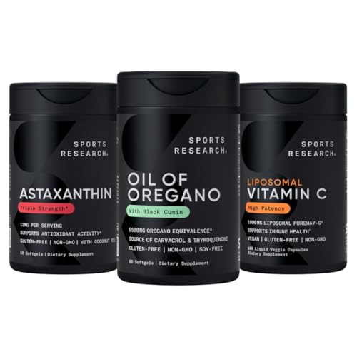 Sports Research® Antioksi Support Pack - Oregano 9500 mg + Triple Strength Astaxanthin 12 mg + Liposomal Vitamin C Supplement 1000 mg + Liposomal Vitamin C Supplement 1000 mg + Liposomal Vitamin C Supplement 1000 mg + Lipo