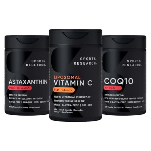 Sports Research® Antioksi Support Pack - Yüksek Potency Liposomal Vitamin C Supplement 1000 mg + Coenzyme Q10 100 mg + Triple Strength Astaxanthin 12 mg w/Organic Coconut Oil Oil