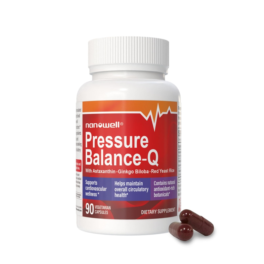 NANOWELL® Basınç Dengesi-Q | Antioksi Formula Doğal Non-GMO Astaxanthin 12 mg per Capsule, Ginkgo Biloba, Policosanol, Red Yeast Rice ve Rosemary Extract | 90 Vegetarian Capsules