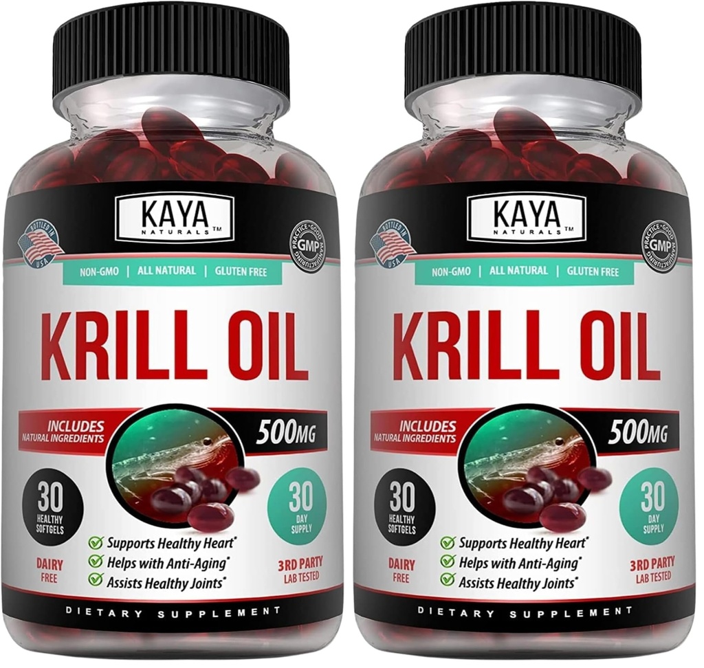 Kaya Naturals - Antarktika Krill Oil 500mg with Omega 3, EPA, DHA, Phospholipids & Astaxanthin Supplement - Brain & Health Vitamin - Anti Aging Supplement - 30 Count Softgels (Pack of 2)