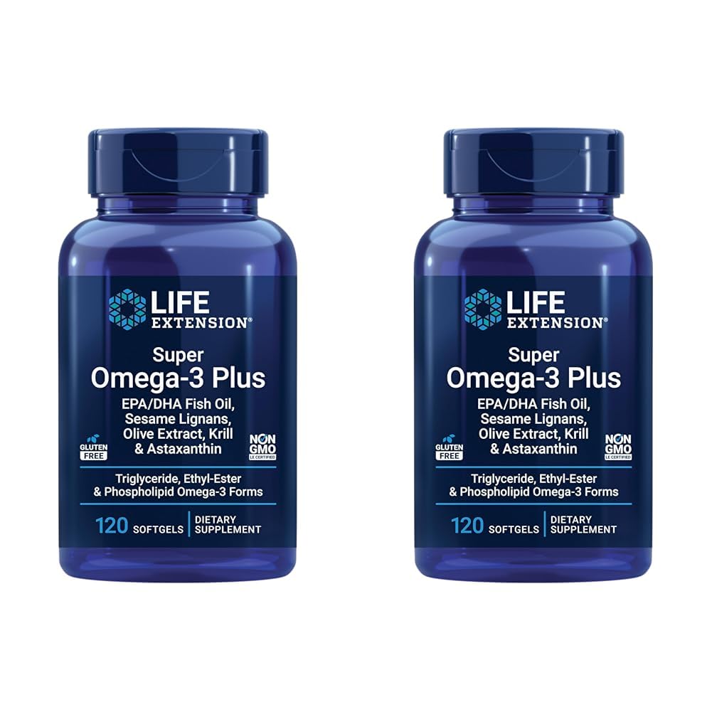 Life Extension Super Omega-3 Plus EPA/DHA Fish Oil, Sesame Lignans, Olive Extract, Krill & Astaxanthin - Heart, Brain & Joint Health Support - Gluten-Free, Non-GMO - 120 Softgels,(Pack of 2)