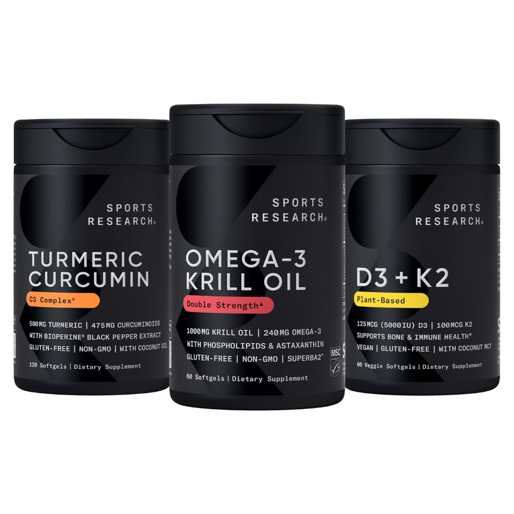 Αθλητισμός Έρευνα Ανταρκτικής Κριλ Omega 3 1000mg (με φωσφολιπίδια, χολίνη & ασταξανθίνη), Κουρκουμίνη C3 Complex (με Bioperine Μαύρο Πιπέρι & Λάδι καρύδας) & Φυτική βάση Βιταμίνη D3 + K2