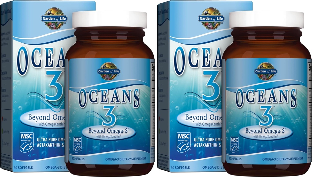 Life Oceans 3 Beyond Omega-3 with OmegaXanthin, EPA, DHA Supplements, Fish Oil with 1200 mg Omega 3, Astaxanthin & Brown Seaweed Extract - 60 Softgels, (Pack of 2)