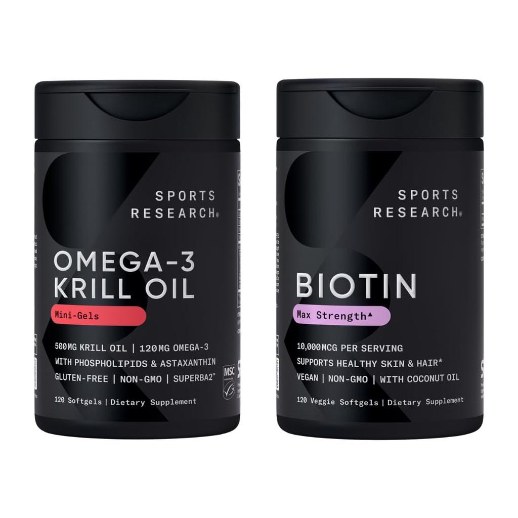 Spor Araştırması® Glow ve Flow Pack - Omega-3 Krill Oil 500 mg - Pure Antarktika Superba Krill with Phospholipids, Choline & Astaxanthin & Biotin 10.00006 with Organic Coconut Oil (Vitamin B7)