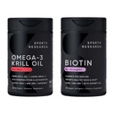 Sports Research® Glow and Flow Pack - Omega-3 Krill Oil 500mg - Pure Antarctic Superba Krill with Phospholipids, Choline & Astaxanthin & Biotin 10,000mcg with Organic Coconut Oil (Vitamin B7)