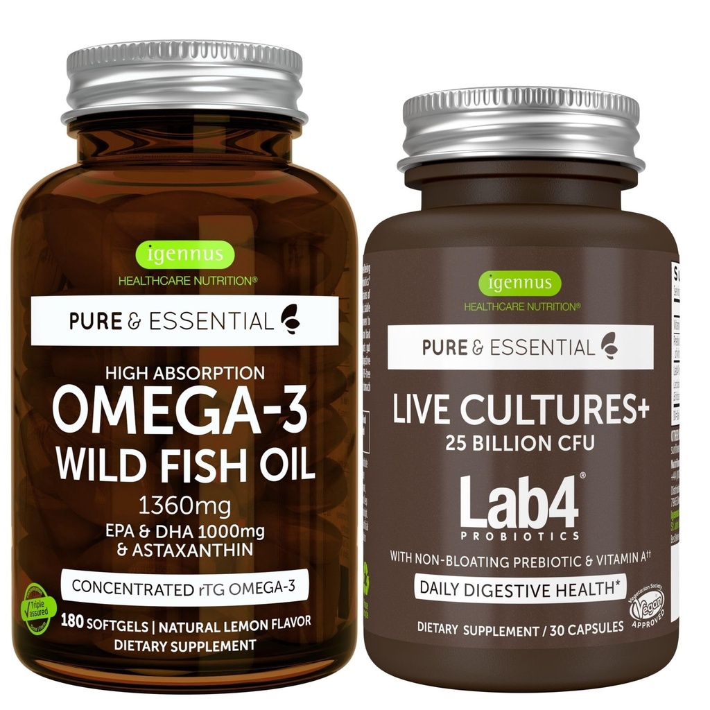 Pure & Essential High Absorption Omega-3 Wild Fish Oil 1360mg + Live Cultures+ Lab4 Probiotics Bundle, 1000mg EPA & DHA with Astaxanthin + 25 Billion CFU Lactobacillus Acidophilus & Bifidobacterium wi