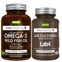 Pure & Essential High Absorption Omega-3 Wild Fish Oil 1360mg + Live Cultures+ Lab4 Probiotics Bundle, 1000mg EPA & DHA with Astaxanthin + 25 Billion CFU Lactobacillus Acidophilus & Bifidobacterium wi