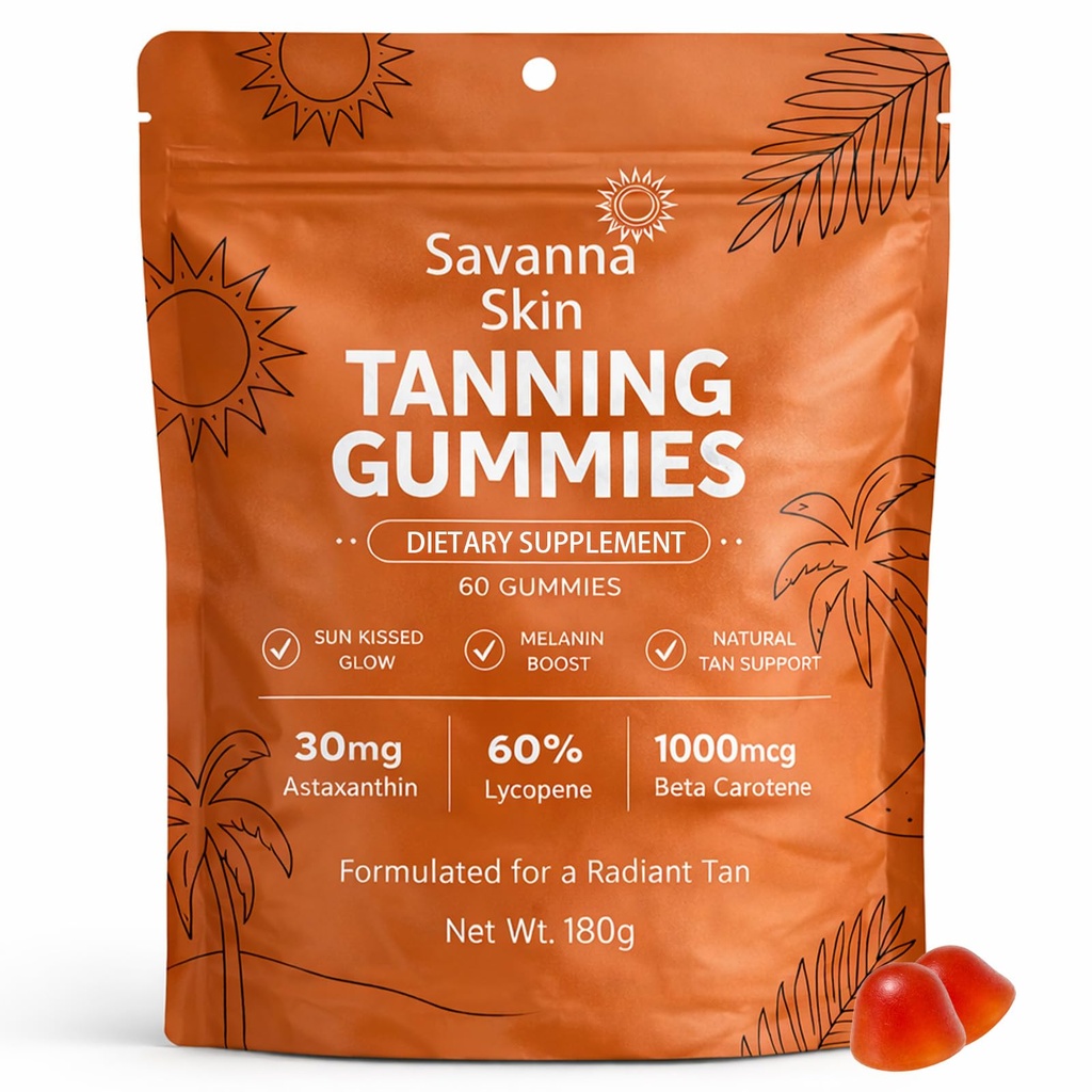 Savanna Skin Tanning Gummies, C & E, Astaxanthin, Beta Carotene, Skin Oral Glow, Bronzing, Non-GMO, Vegan & Sugar Free - 60 Count (1)