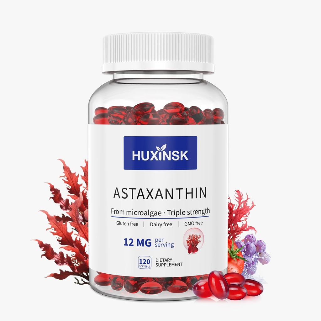 Astaxanthin 12 mg Supplements, 120 Softgel, Max Strength Astaxanthin Antioksi Supplements, Fresh Microalgae, 4 Ay Supply, Supports Eye, Joint, Internal Circulation, Skin Health, 1 Şişe