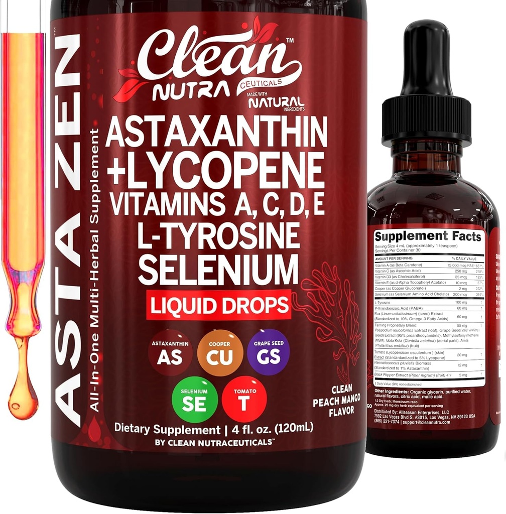 Clean Nutra Astaxanthin Lycopene Liquid Drops Absorption Support Vitamins A C D E 4 fl oz – Potent Natural D3 C E A & Selenium L-Tyrosine Formula Pure Antioxidant Blend Enhanced Nutrient Uptake