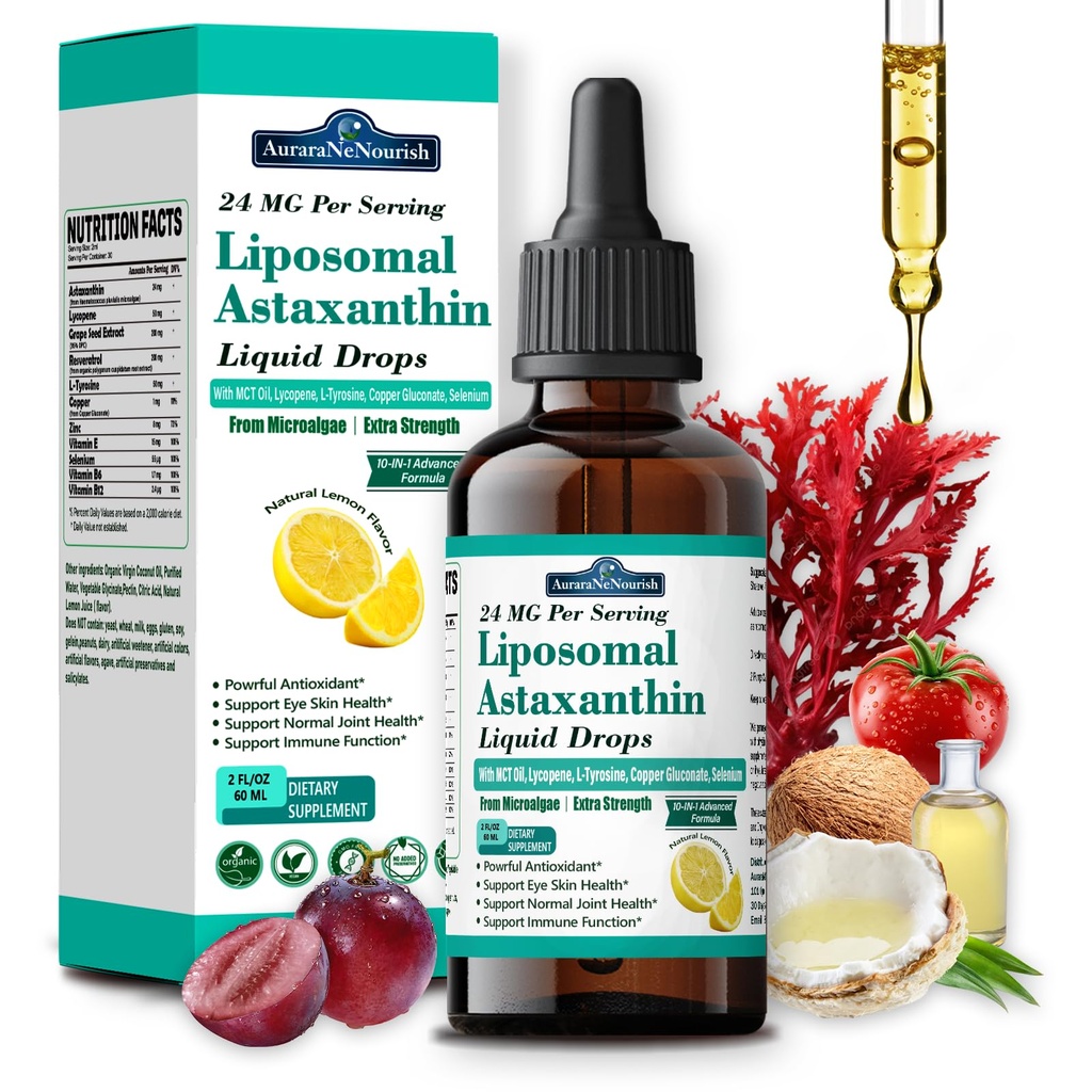 Liposomal Astaxanthin 24mg Liquid Drops, 11-in-1 Antioxidant with MCT Oil, Lycopene & Organic Coconut Oil, Fresh Microalgae Source, Supports Eye Skin Joint Health for Women & Men, Lemon Flavors