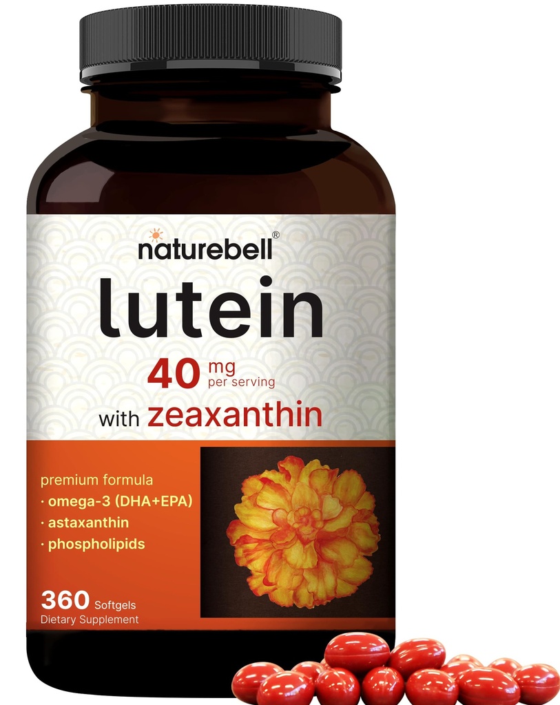 Lutein 40 mg + Zeaxanthin 1,60006, 360 Softgels | 4in-1 Formula with Astaxanthin, Omega-3 & Phospholipids | Marigold Flower Extract | Supports Eye, Brain & Vision Health | Non-GMO, Gluten Free