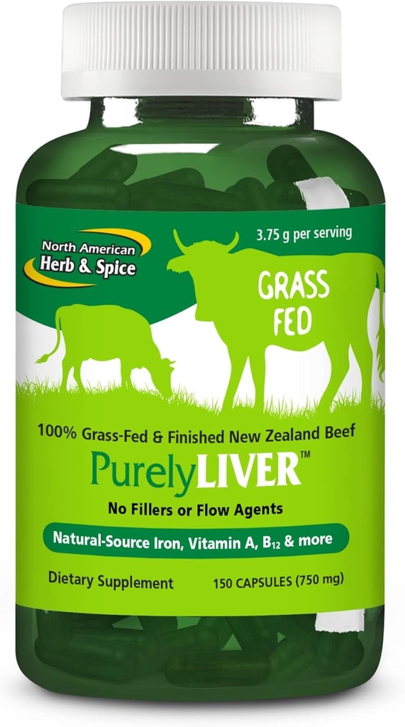 NORTH AMERICAN HERB & SPICE PurelyLiver - 150 Capsules - 100 Grass-Fed, Yeni Zelanda sığırını A, B12 & Iron - 30 Hizmetler