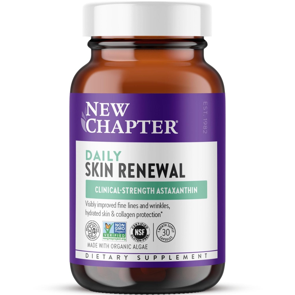New Chapter Daily Skin Renewal Supplement, Clinical-Strength Astaxanthin for Youthful Skin Care + Collagen Protection with Vitamin C, Vitamin A, E & Zinc - 30 Capsules