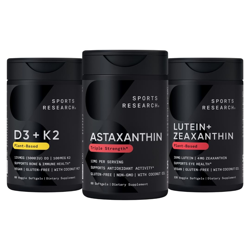 Sports Research® Antioxidant Support Pack w/Astaxanthin 12mg, Vitamin D3 5000iu + K2 100mcg, and Lutein 20mg + Zeaxanthin 4mg Supplements - Vegan Certified · Non-GMO · Gluten & Soy Free