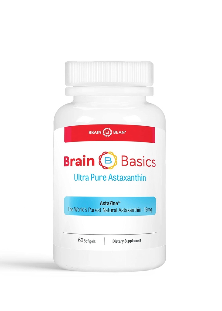 Brain Basics Ultra Pure Ασταξανθίνη - 12mg AstaZine με 6mg Βιταμίνη Ε. Μη ΓΤΟ, Συμπληρώματα Ασταξανθίνης χωρίς γλουτένη για Μνήμη, Εστίαση και Καθαρότητα - 60 Softgels